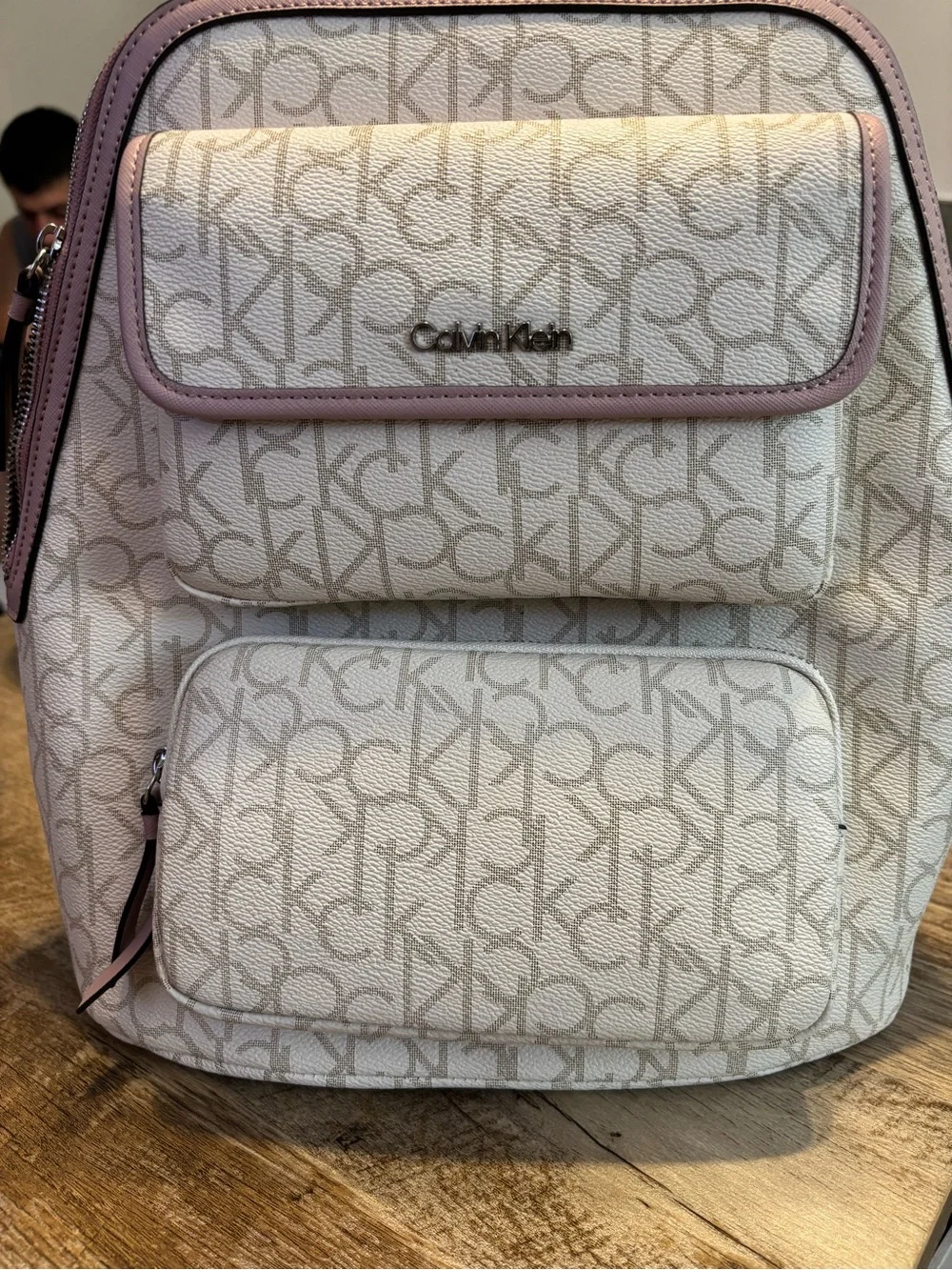 Calvin Klein Cream Canvas Backpack with Pink Trim